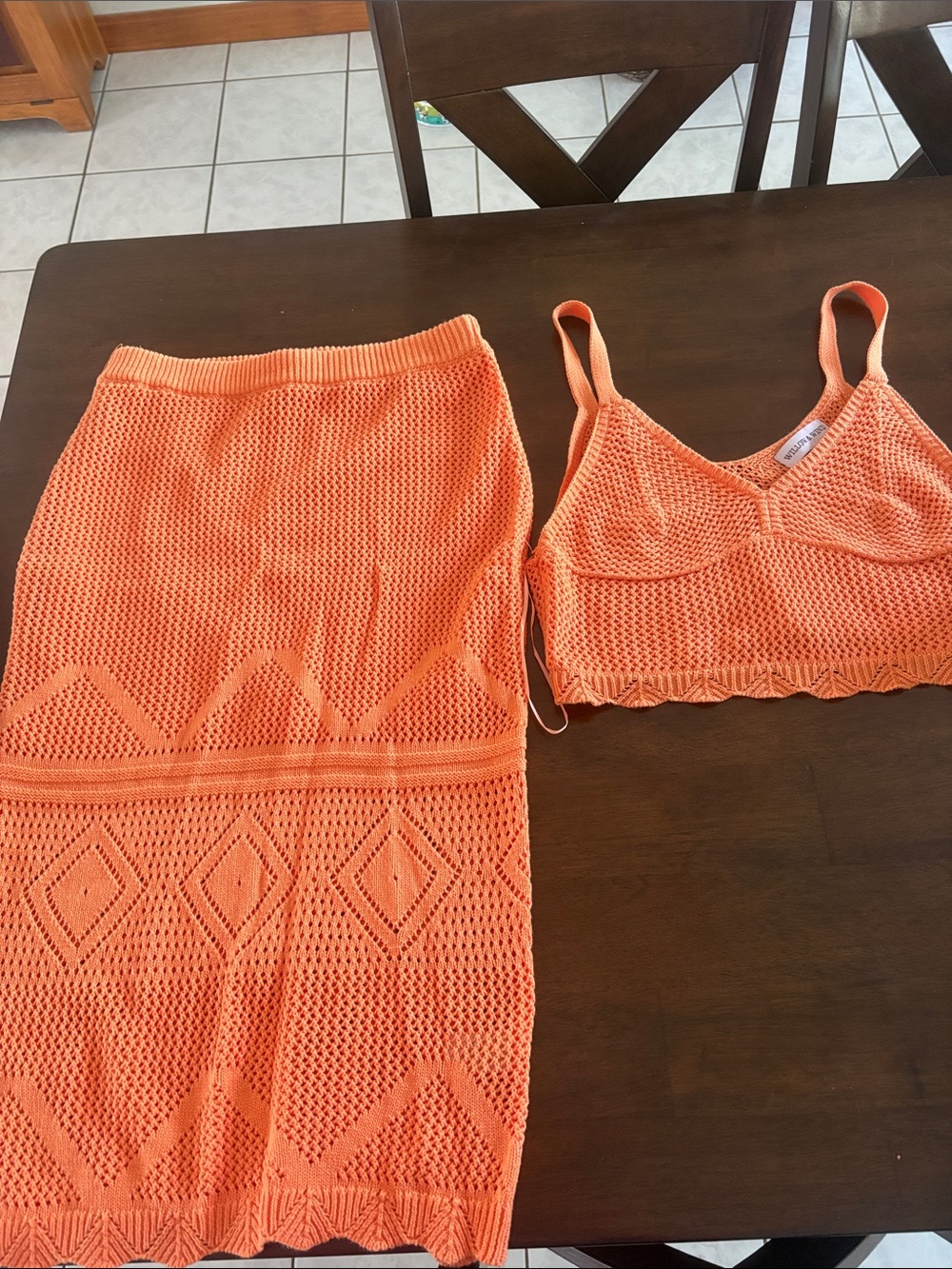 Women's Orange Crochet Knit Skirt Set - Two-Piece Summer Co-Ord